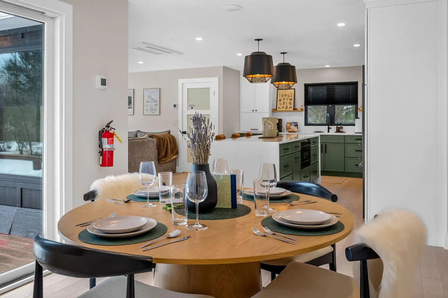 Round dining table set for dinner